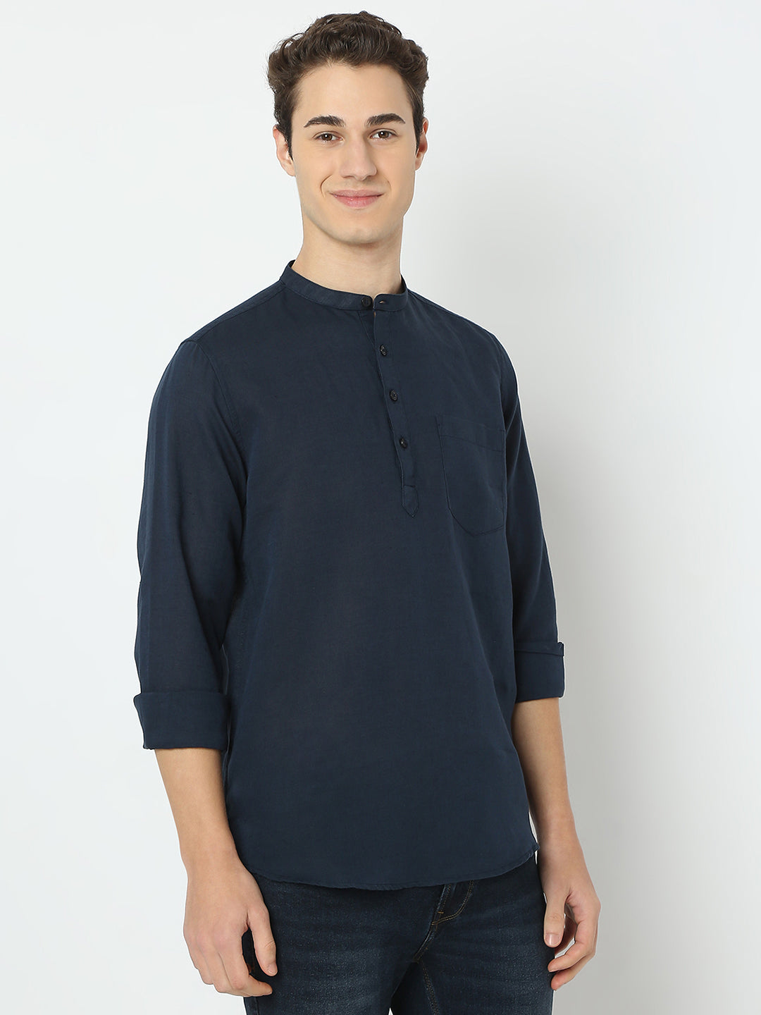 Men Blue Linen Solid Kurta