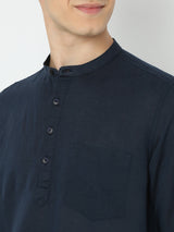 Men Blue Linen Solid Kurta