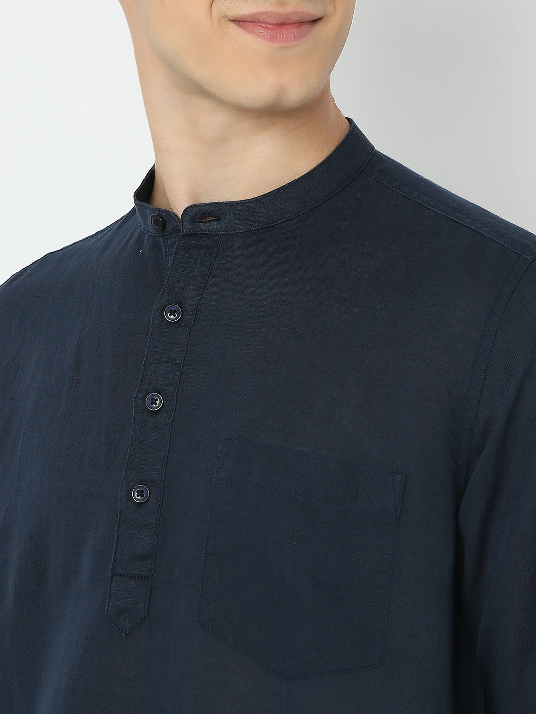 Men Blue Linen Solid Kurta