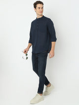 Men Blue Linen Solid Kurta