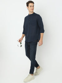 Men Blue Linen Solid Kurta