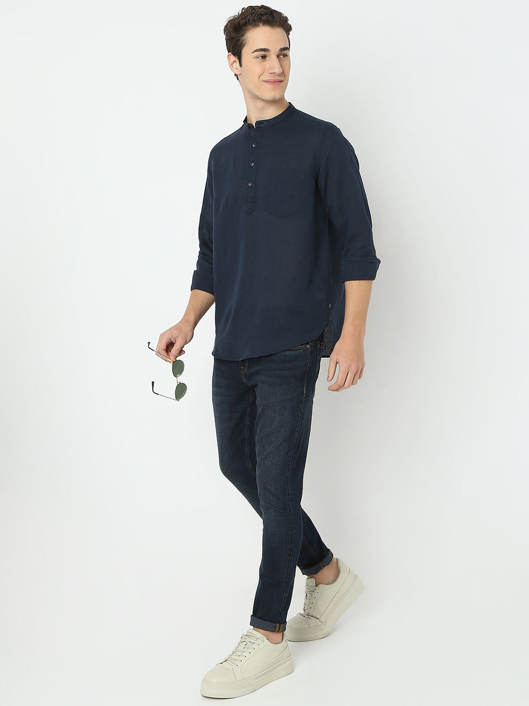 Men Blue Linen Solid Kurta