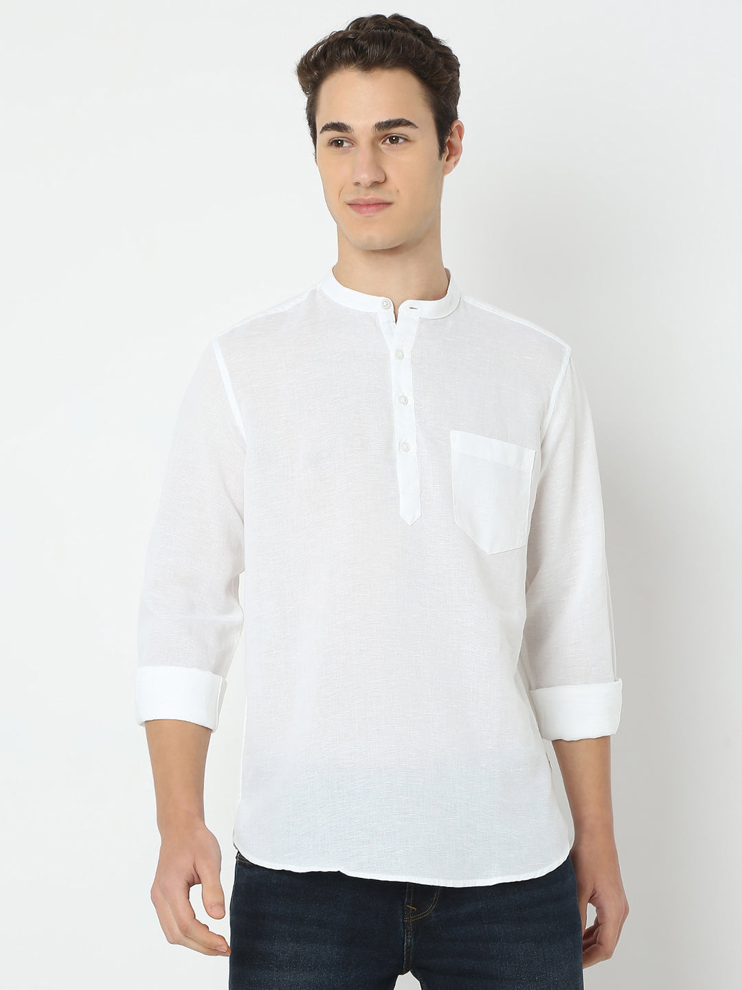 Spykar White Linen Solid Kurta For Men