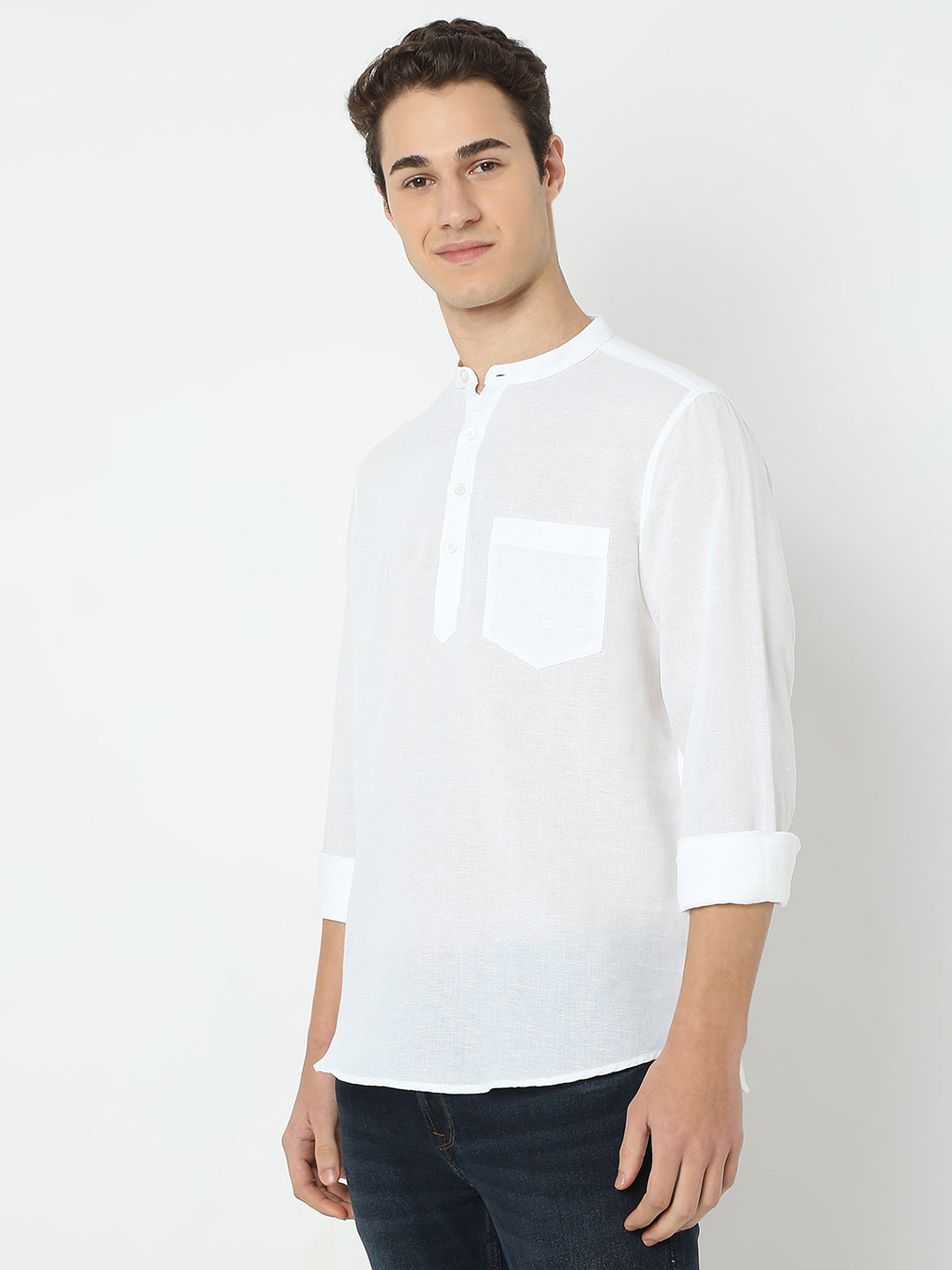 Men White Linen Solid Kurta