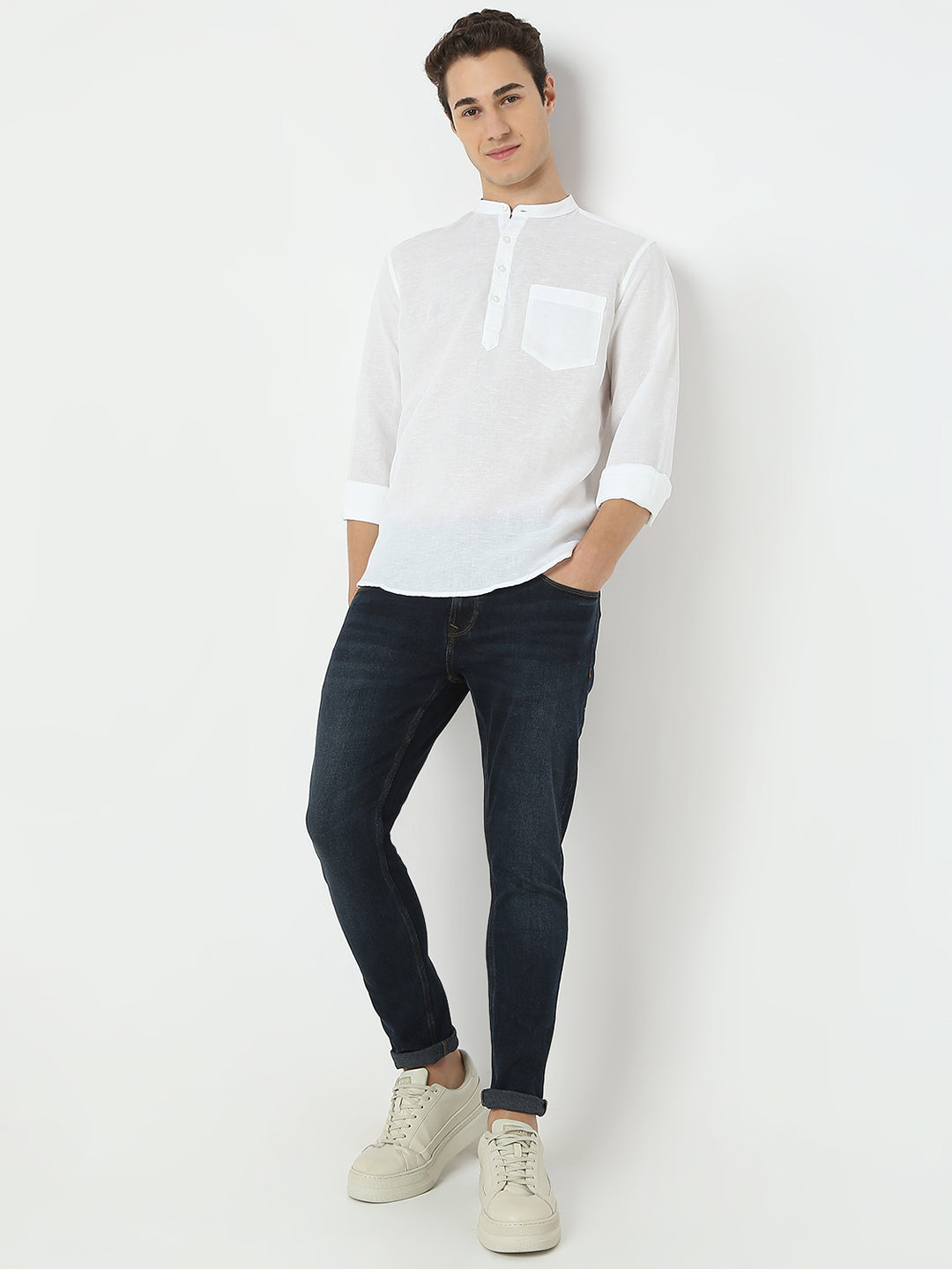 Men White Linen Solid Kurta