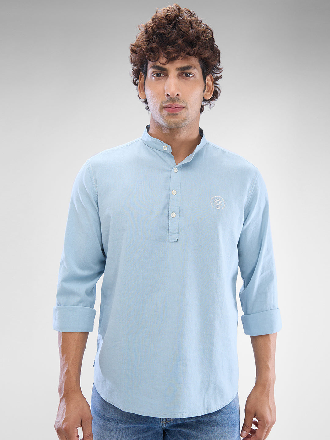 Spykar Dusty Aqua Blue Cotton Flex Full Sleeve  Kurtas For Men