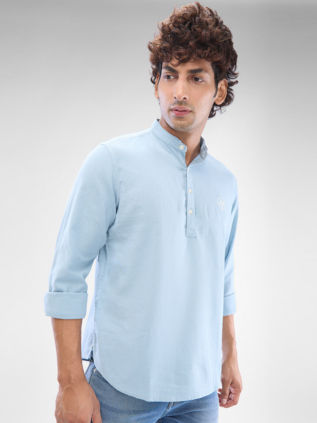 Spykar Dusty Aqua Blue Cotton Flex Full Sleeve  Kurtas For Men