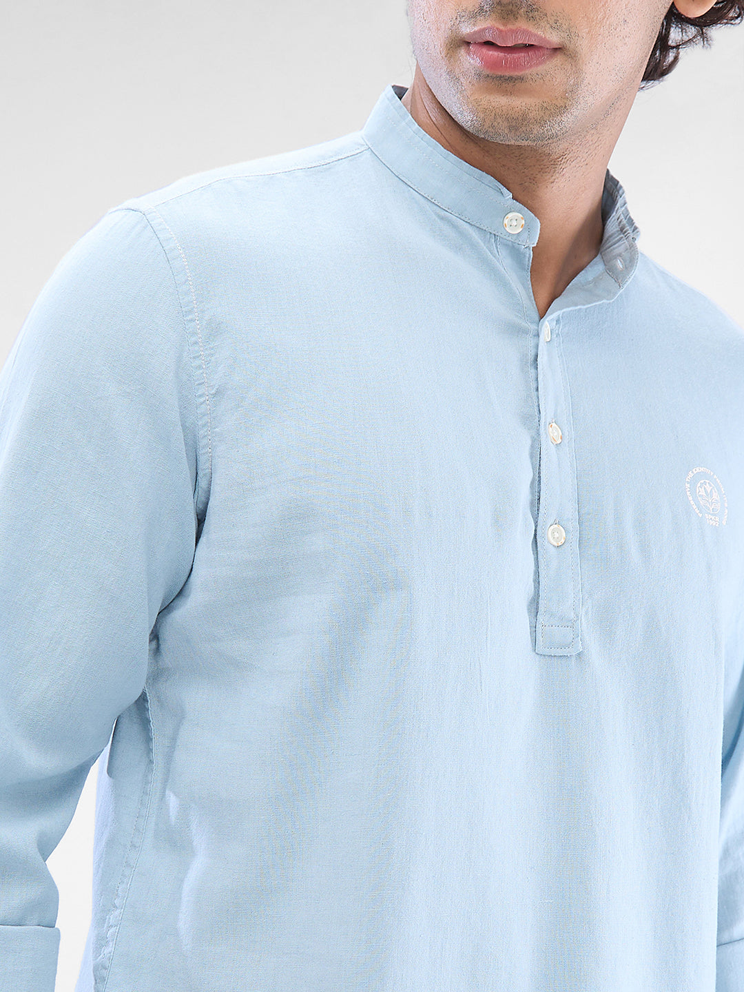 Spykar Dusty Aqua Blue Cotton Flex Full Sleeve  Kurtas For Men