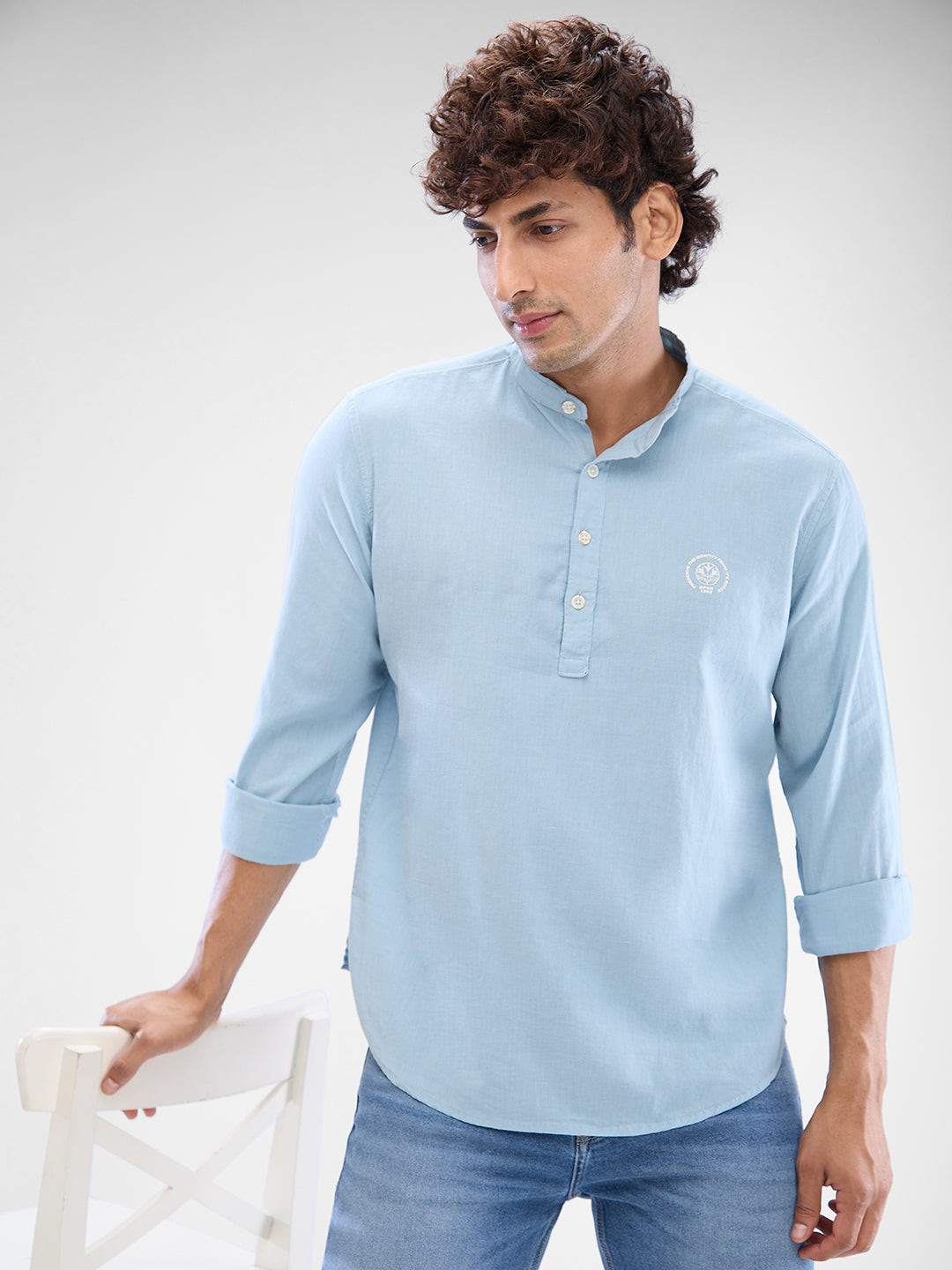 Spykar Dusty Aqua Blue Cotton Flex Full Sleeve  Kurtas For Men