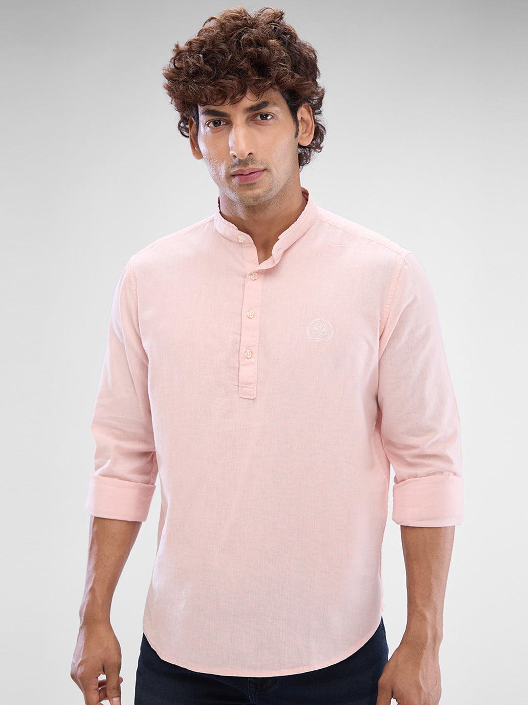 Spykar Rose Cloud Pink Cotton Flex Full Sleeve Kurtas For Men