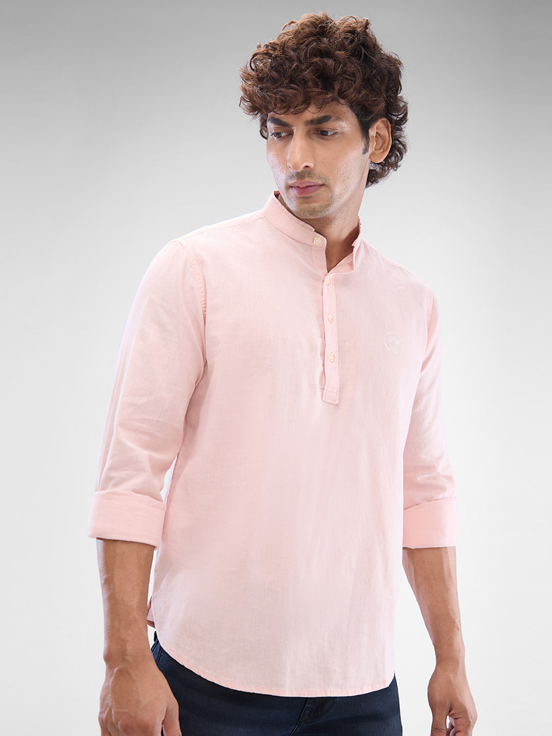 Spykar Rose Cloud Pink Cotton Flex Full Sleeve Kurtas For Men