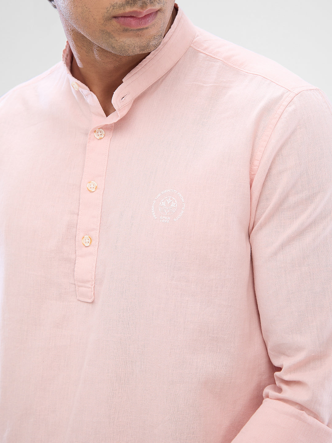 Spykar Rose Cloud Pink Cotton Flex Full Sleeve Kurtas For Men