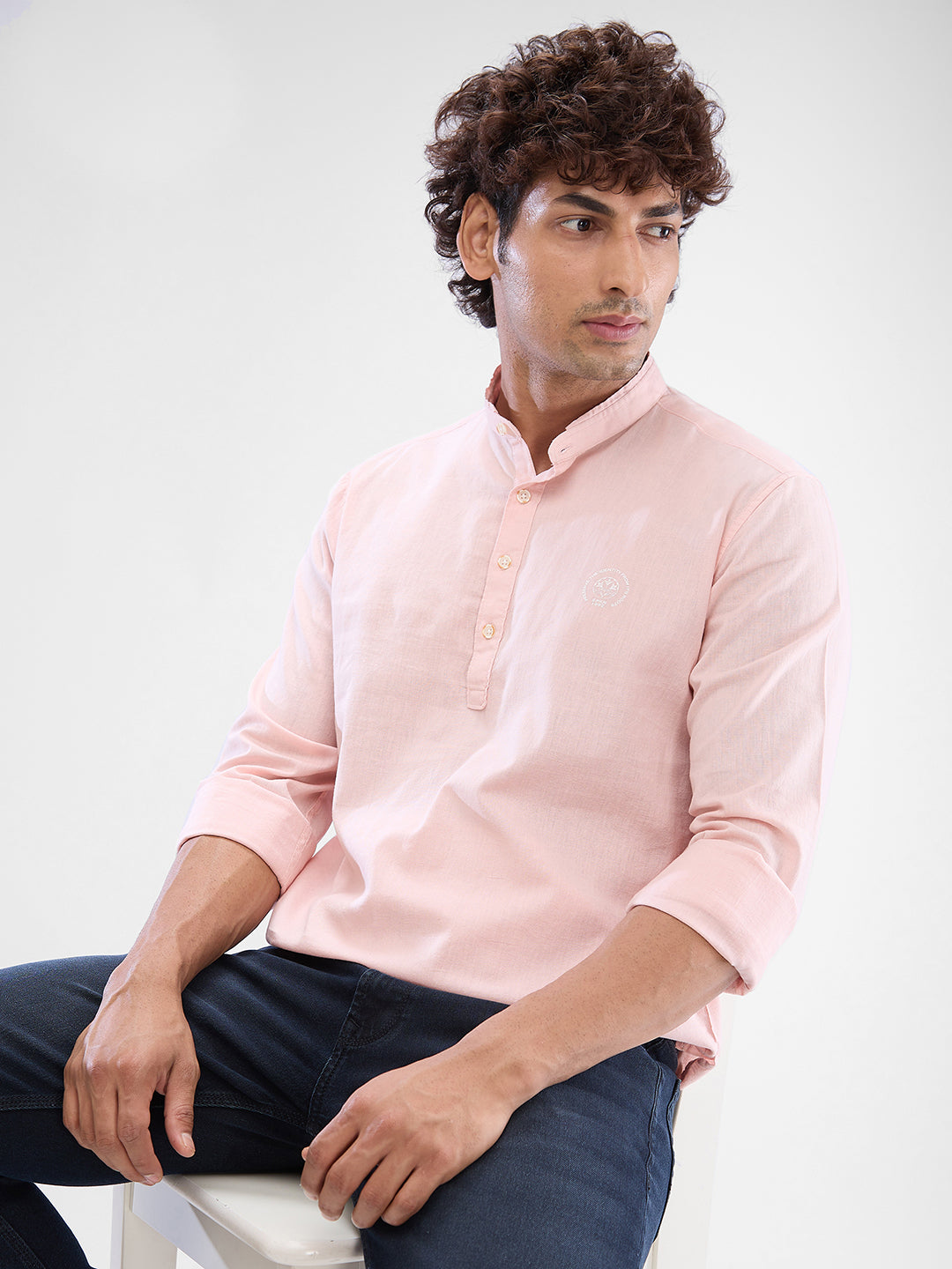 Spykar Rose Cloud Pink Cotton Flex Full Sleeve Kurtas For Men