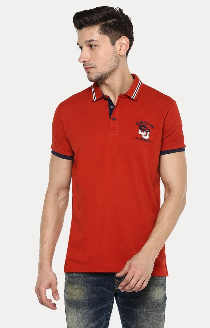 Spykar Orange Solid Slim Fit Polo T-Shirt