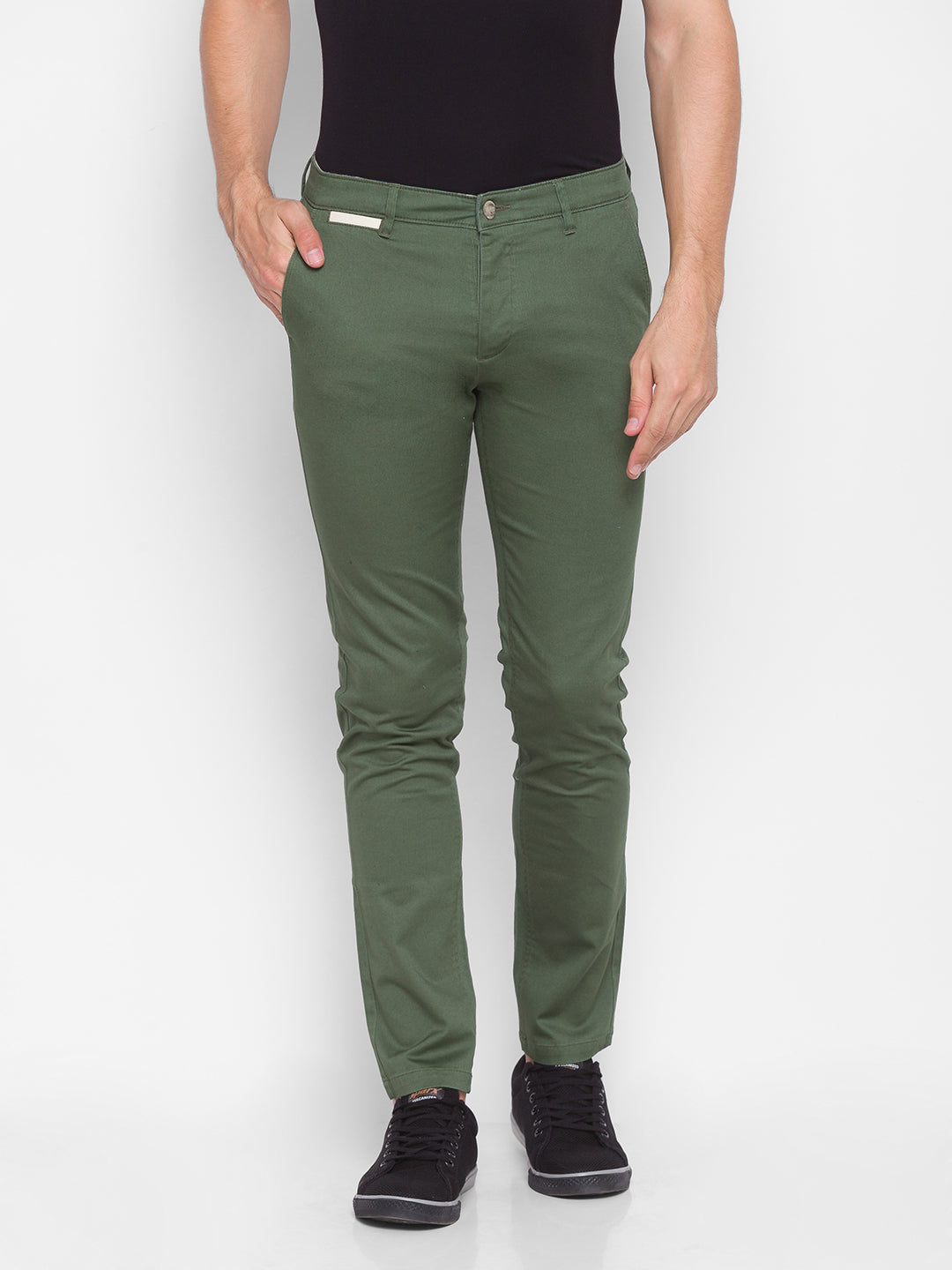 Spykar Men Green Cotton Slim Fit Casual Trousers