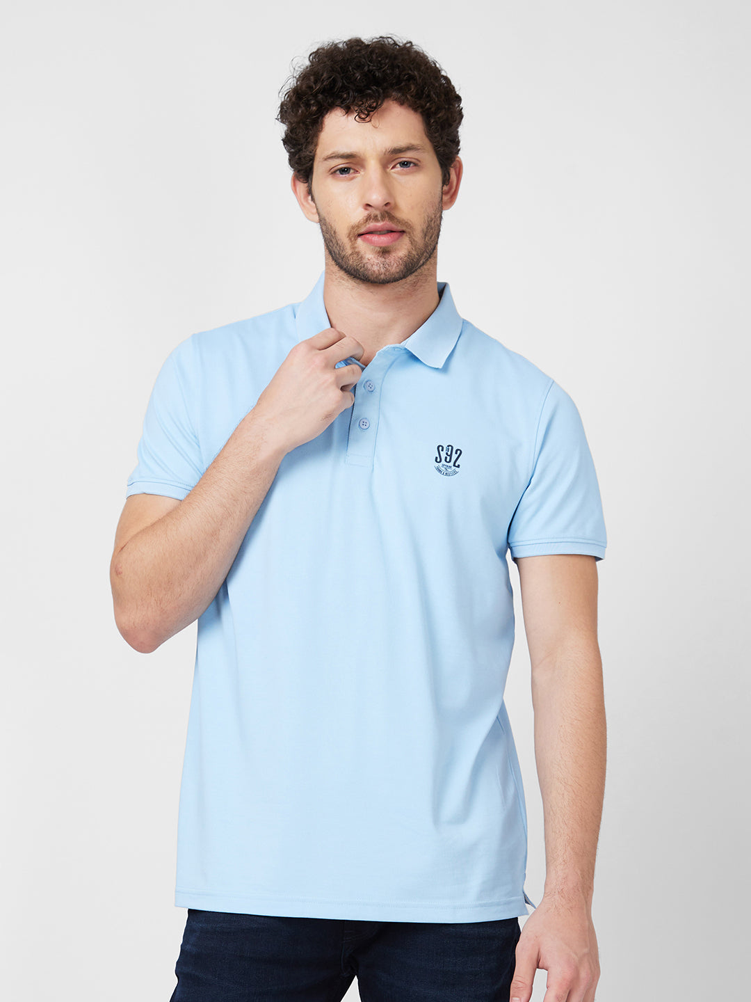 Spykar Men Powder Blue Cotton Regular Fit Half Sleeve Plain Polo T-Shirt