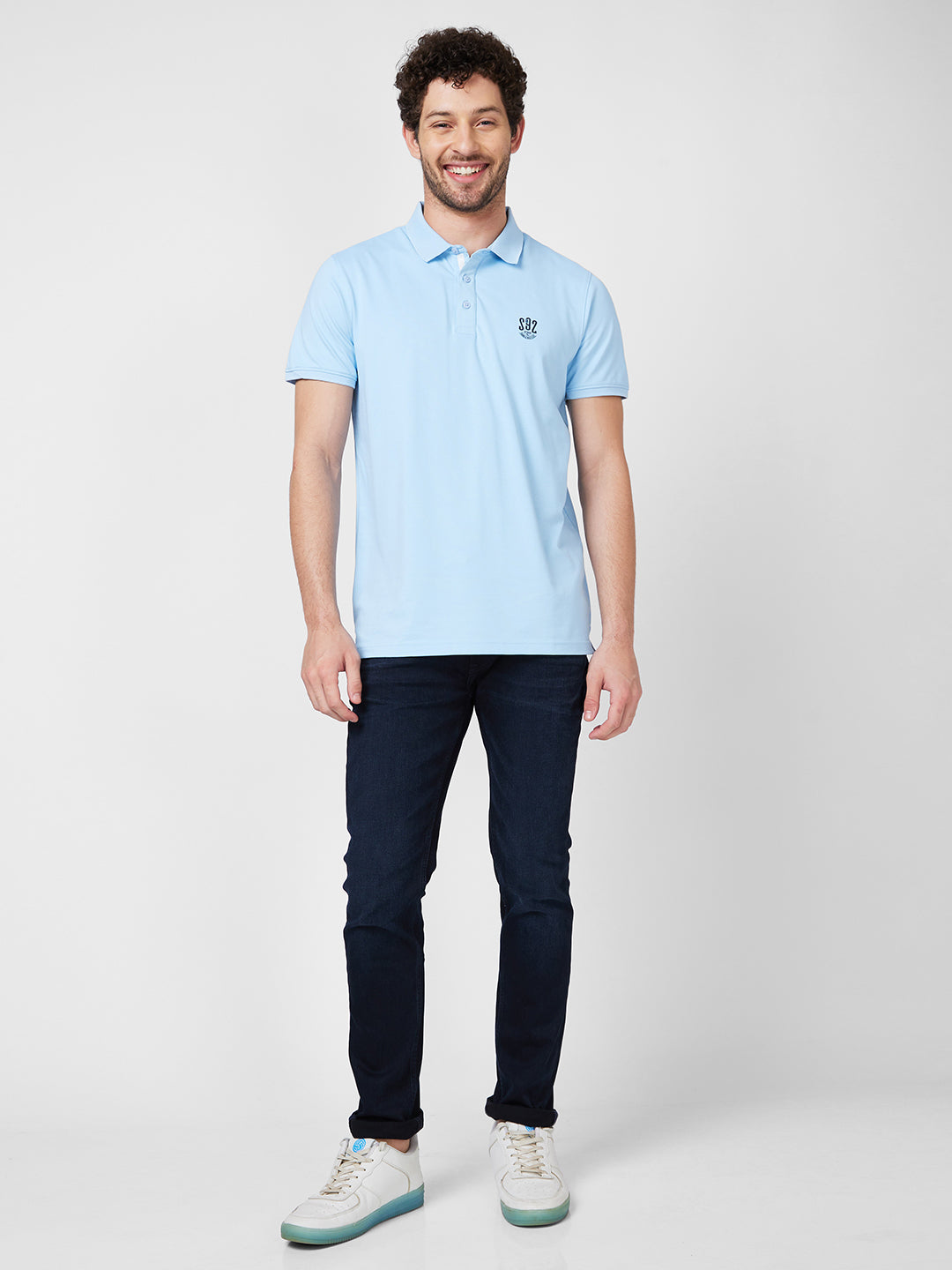 Spykar Men Powder Blue Cotton Regular Fit Half Sleeve Plain Polo T-Shirt