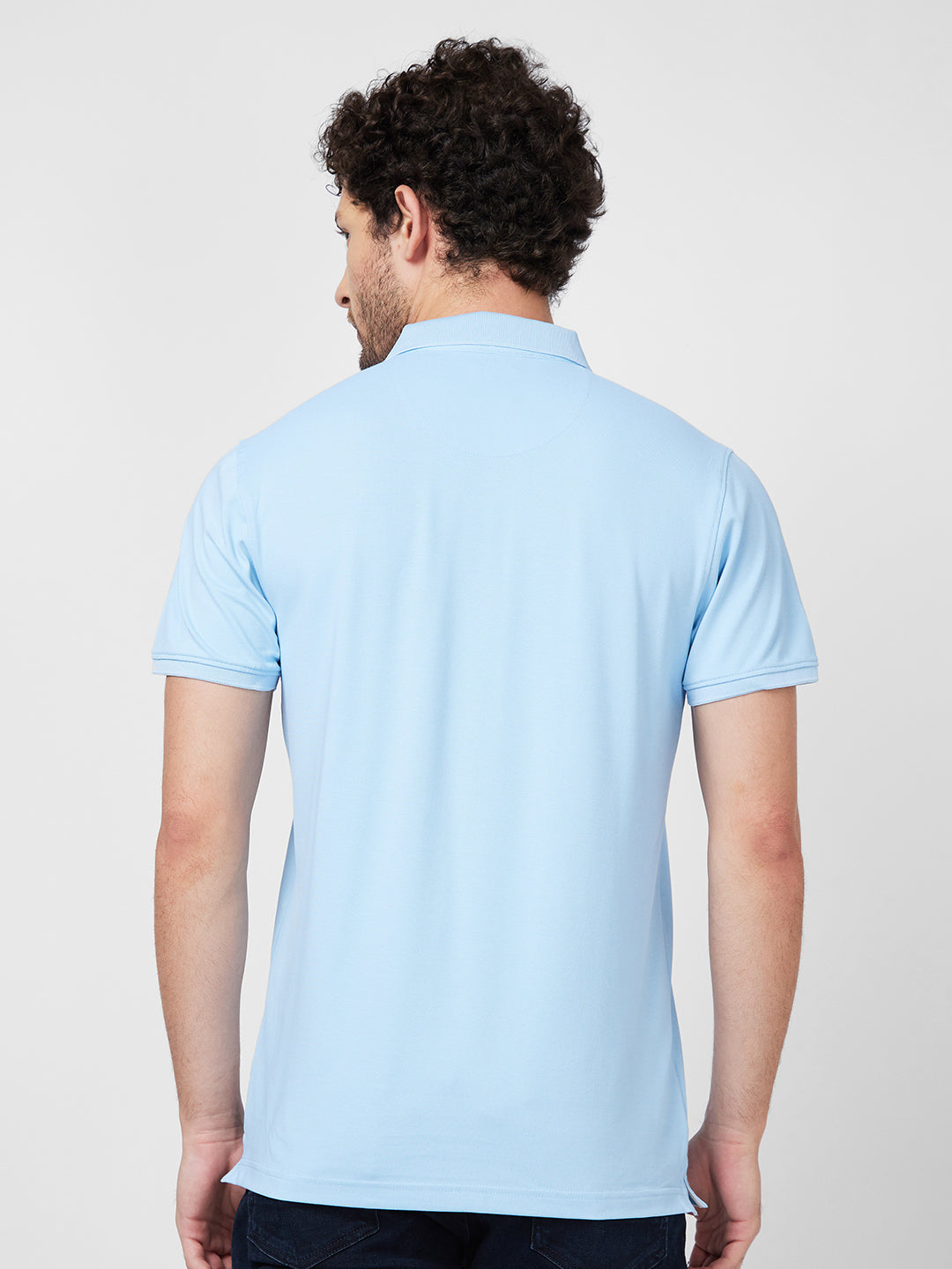 Spykar Men Powder Blue Cotton Regular Fit Half Sleeve Plain Polo T-Shirt