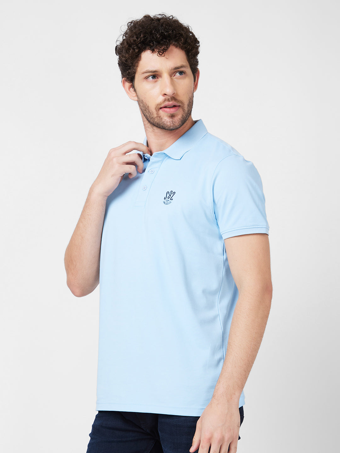 Spykar Men Powder Blue Cotton Regular Fit Half Sleeve Plain Polo T-Shirt
