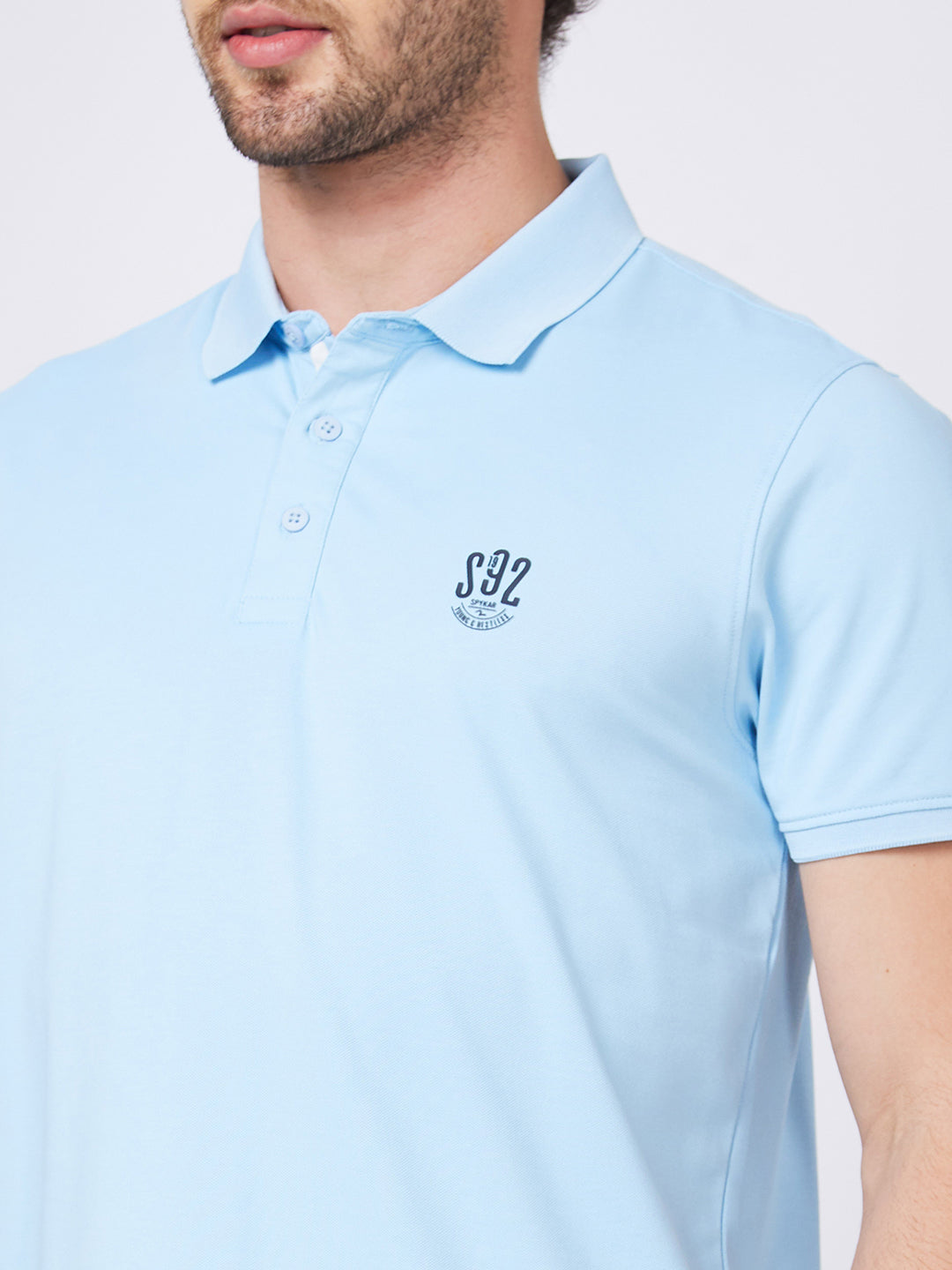 Spykar Men Powder Blue Cotton Regular Fit Half Sleeve Plain Polo T-Shirt