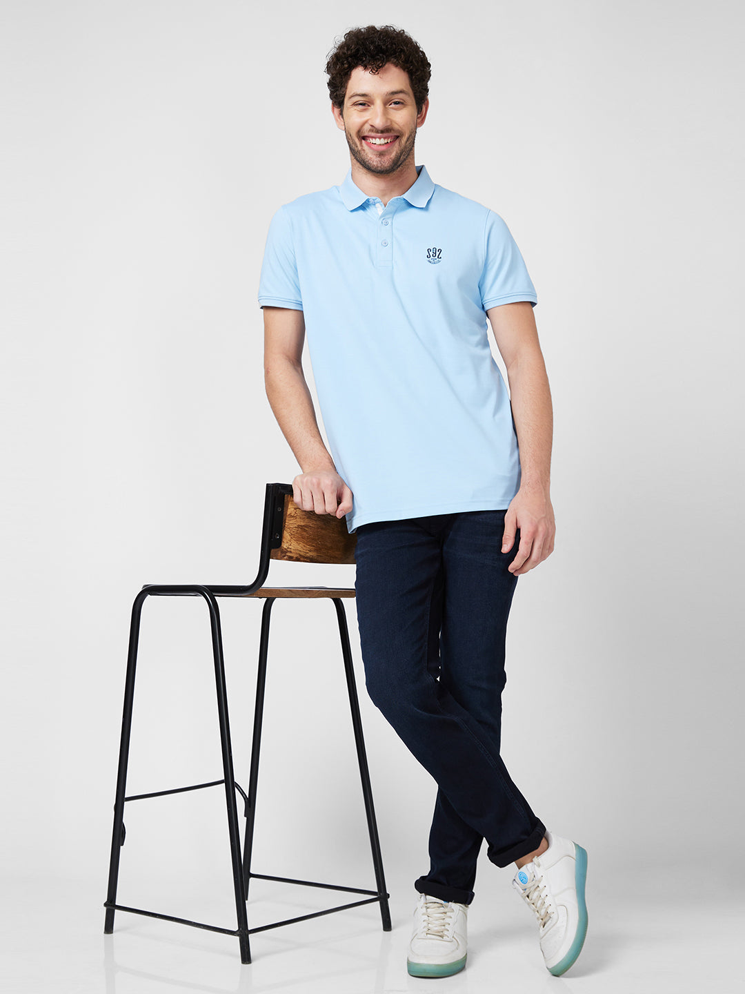Spykar Men Powder Blue Cotton Regular Fit Half Sleeve Plain Polo T-Shirt