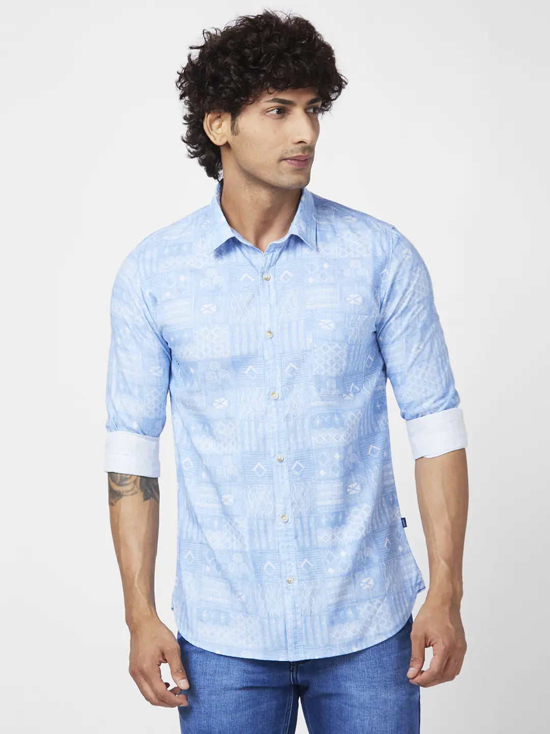 Spykar Men Sky Blue Slub Regular Slim Fit Full Sleeve Causal Printed Shirt