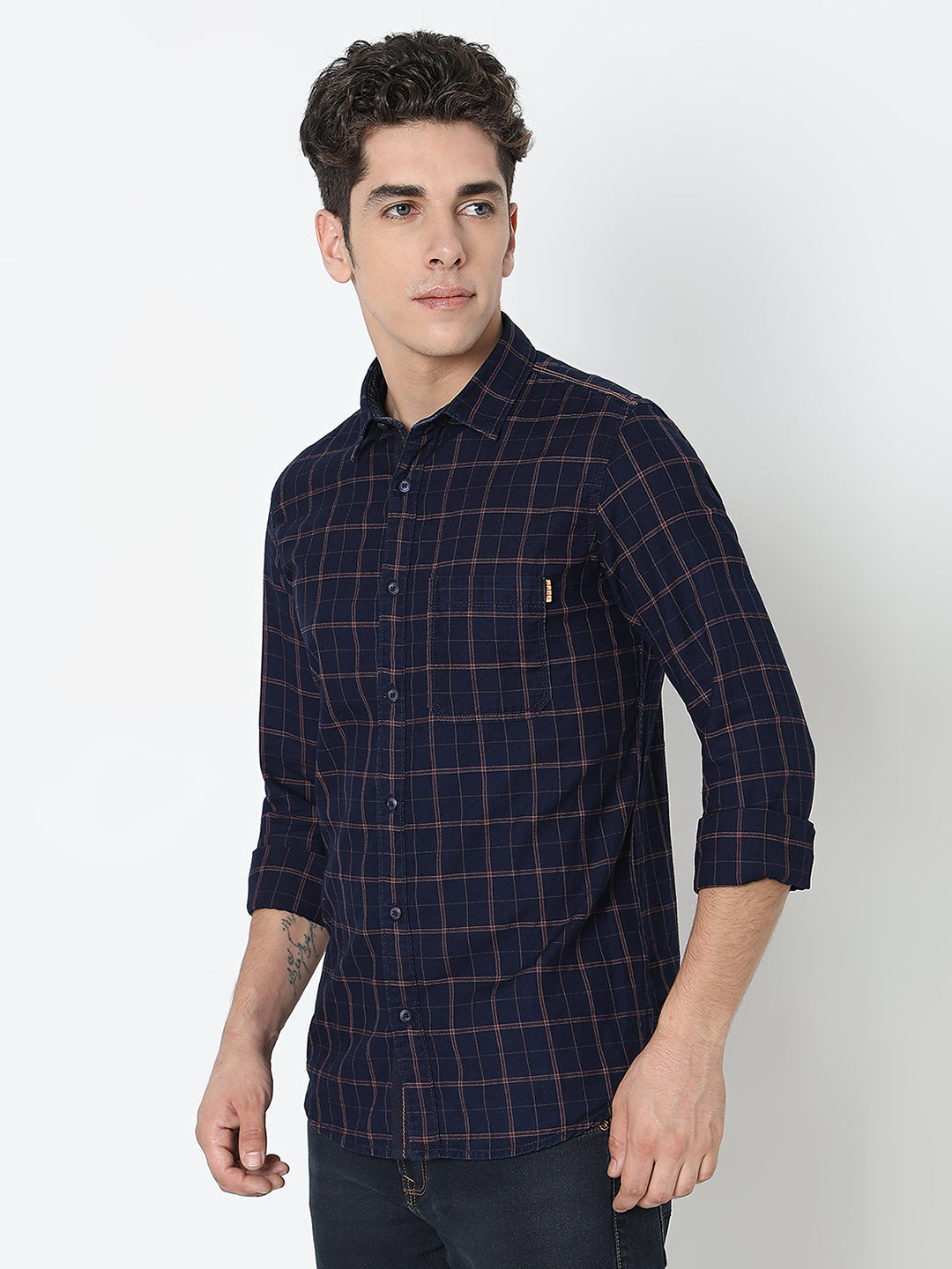 Spykar Orange Regular Fit Full Sleeves Cotton Checked Shirt For Men