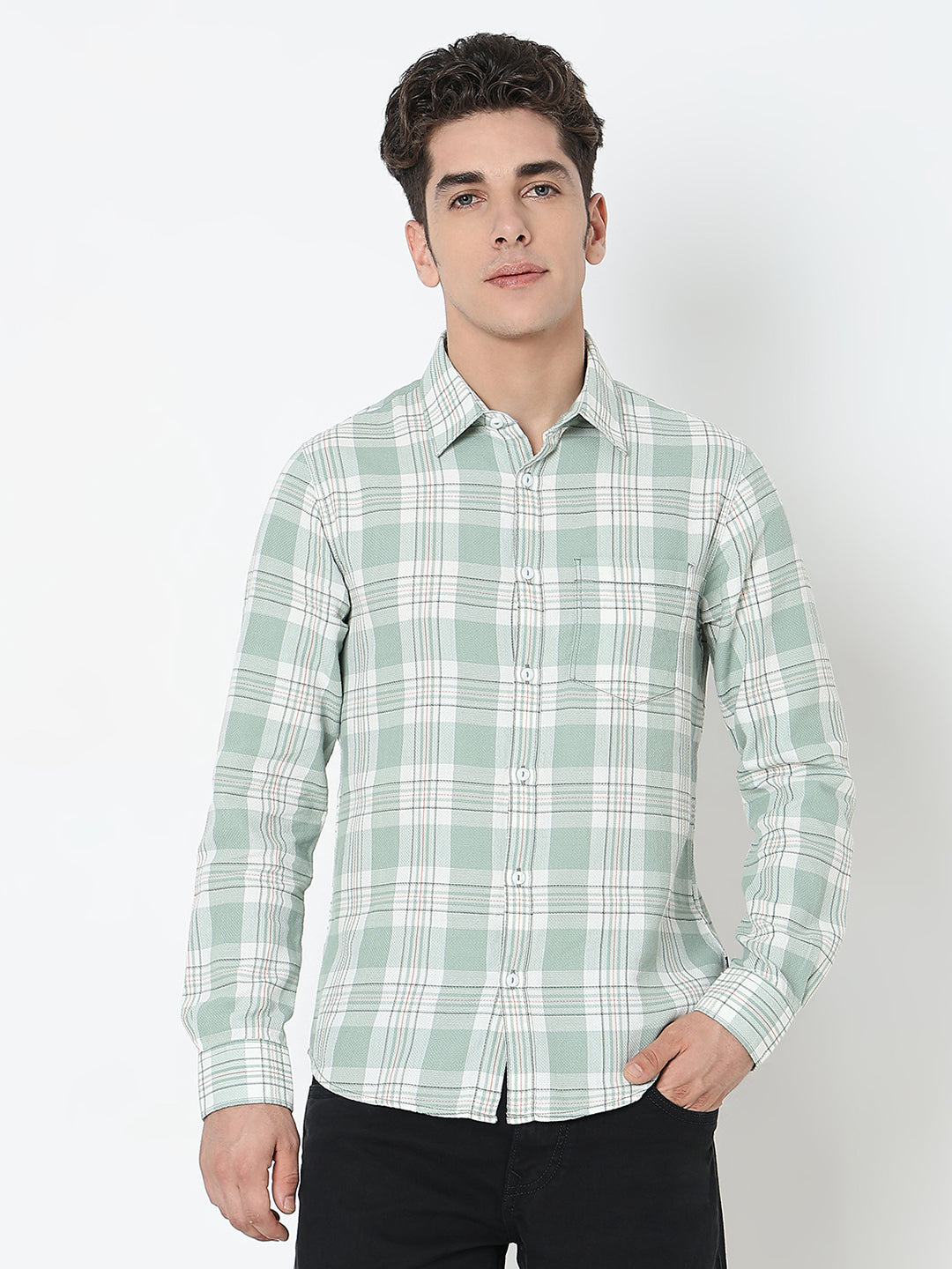 Spykar Green Regular Fit Full Sleeves Cotton Checked Shirt For Men