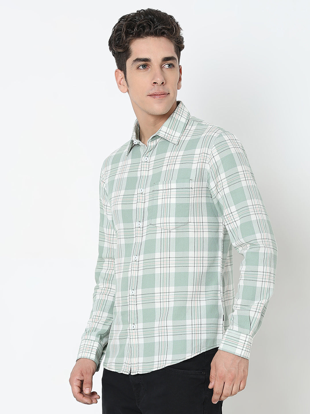 Spykar Green Regular Fit Full Sleeves Cotton Checked Shirt For Men