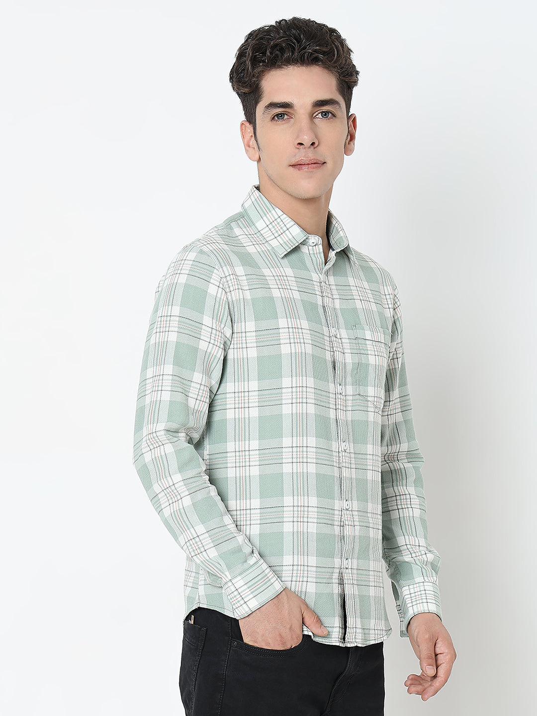 Spykar Green Regular Fit Full Sleeves Cotton Checked Shirt For Men