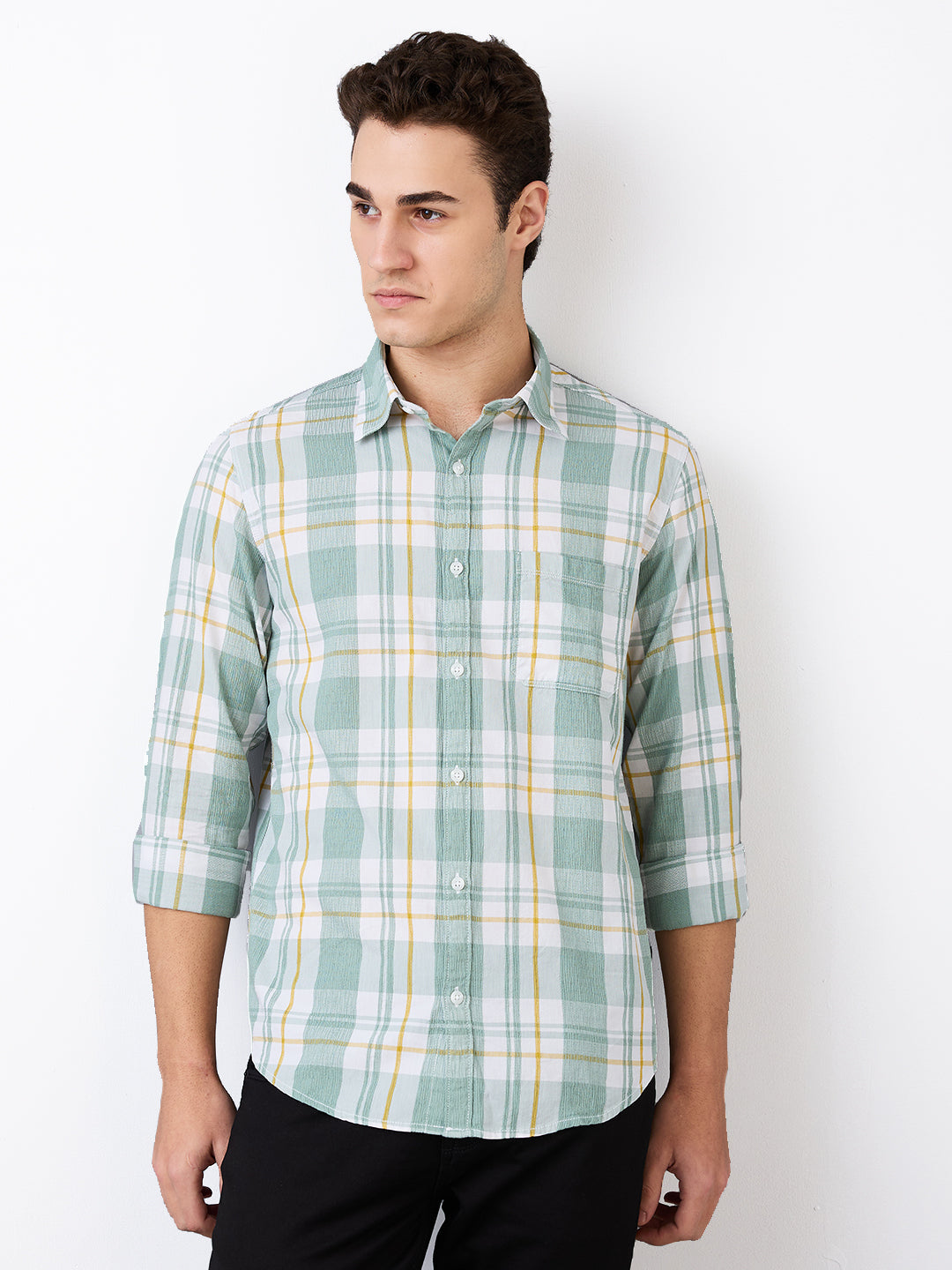 Spykar Green Slim Fit Checkered Full Sleeve Shirt For Men