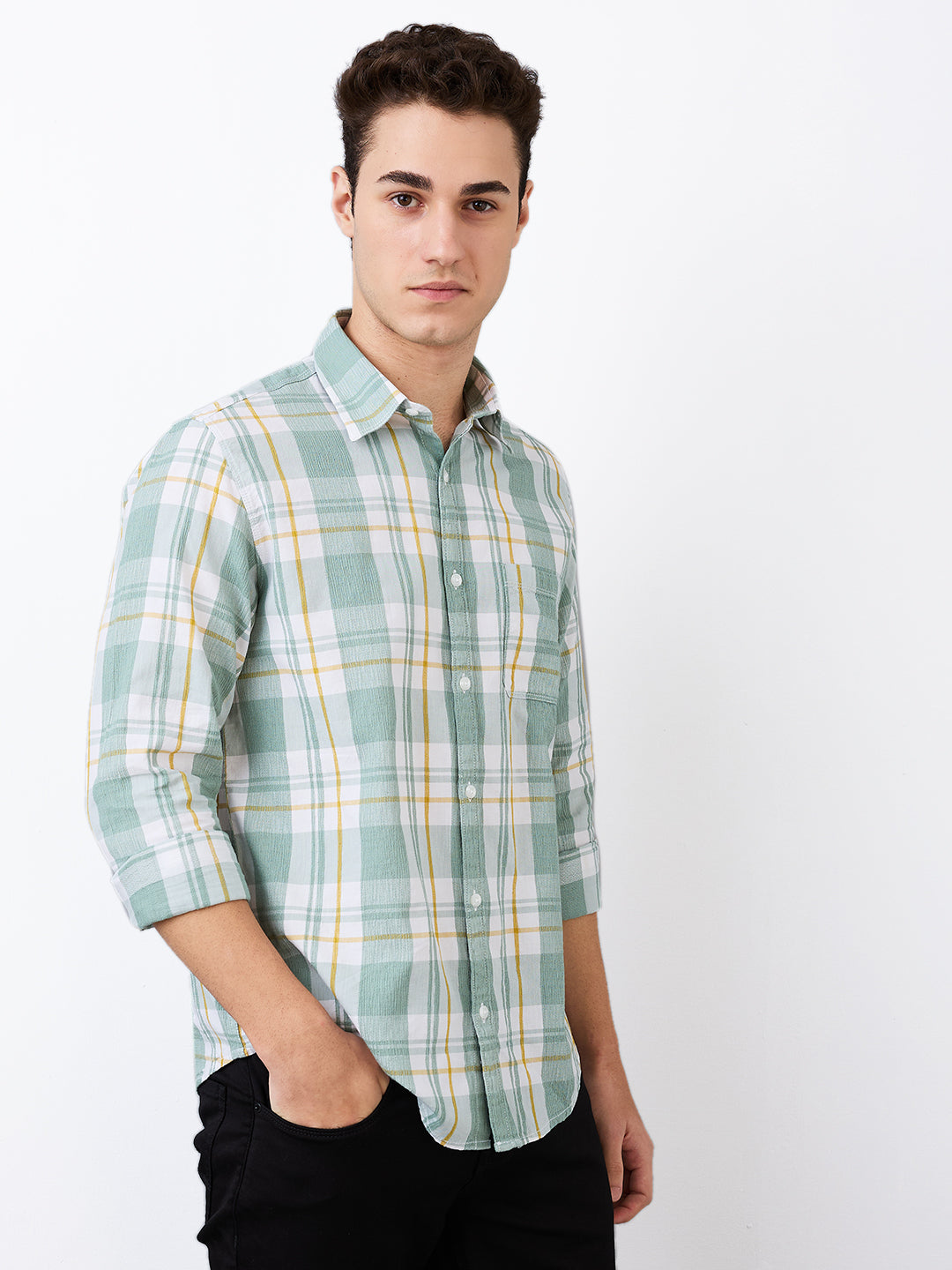 Spykar Green Slim Fit Checkered Full Sleeve Shirt For Men