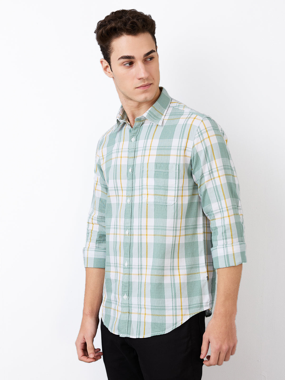 Spykar Green Slim Fit Checkered Full Sleeve Shirt For Men