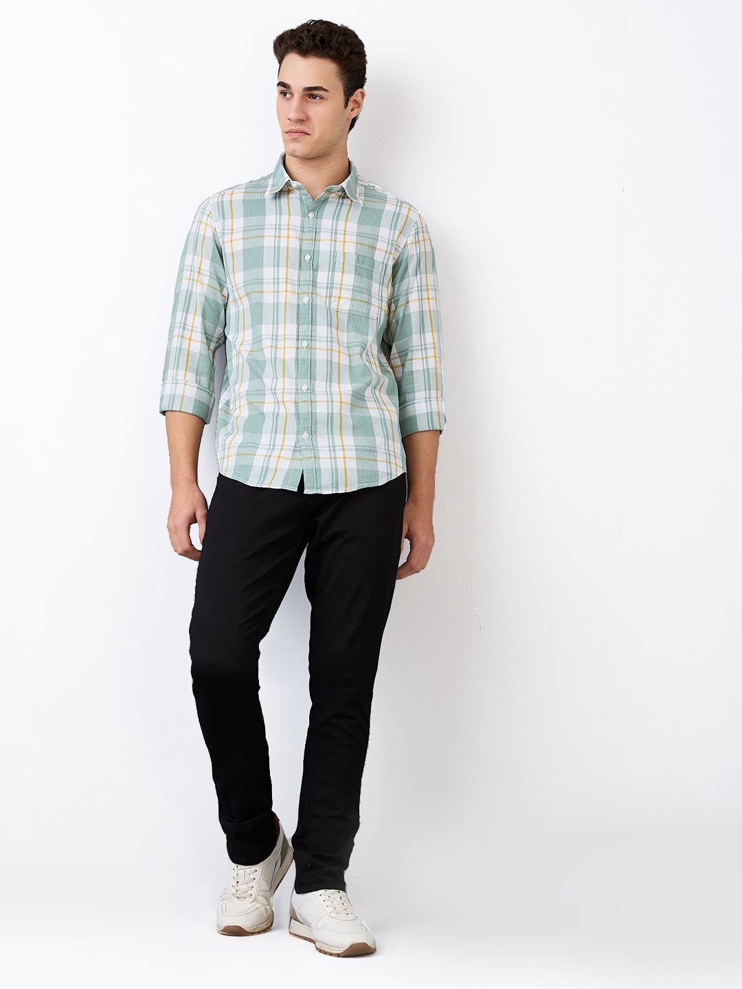 Men Shirt Check Green Slim Fit