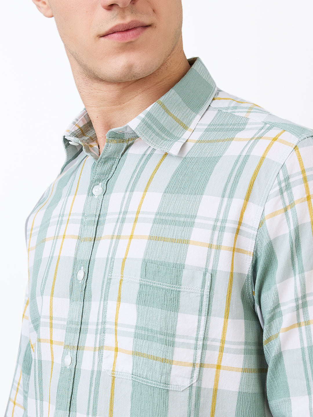 Spykar Green Slim Fit Checkered Full Sleeve Shirt For Men