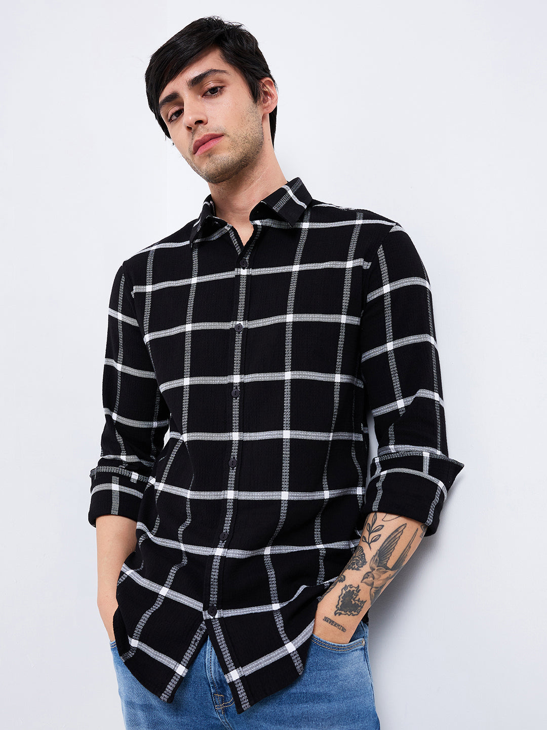 Spykar Black Slim Fit Checkered Full Sleeve Shirt For Men