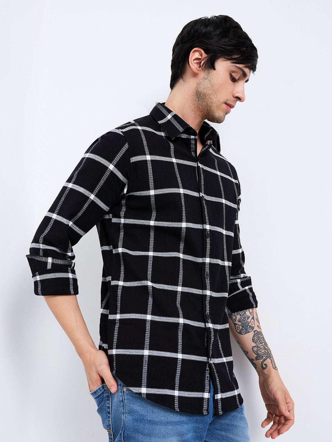 Spykar Black Slim Fit Checkered Full Sleeve Shirt For Men