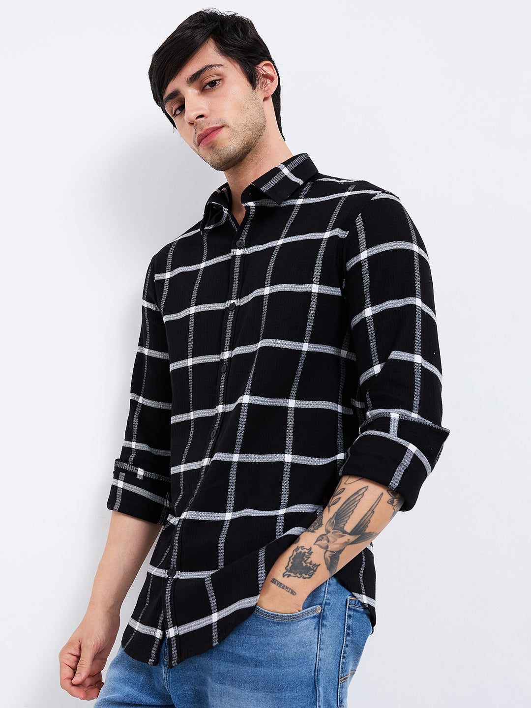 Spykar Black Slim Fit Checkered Full Sleeve Shirt For Men