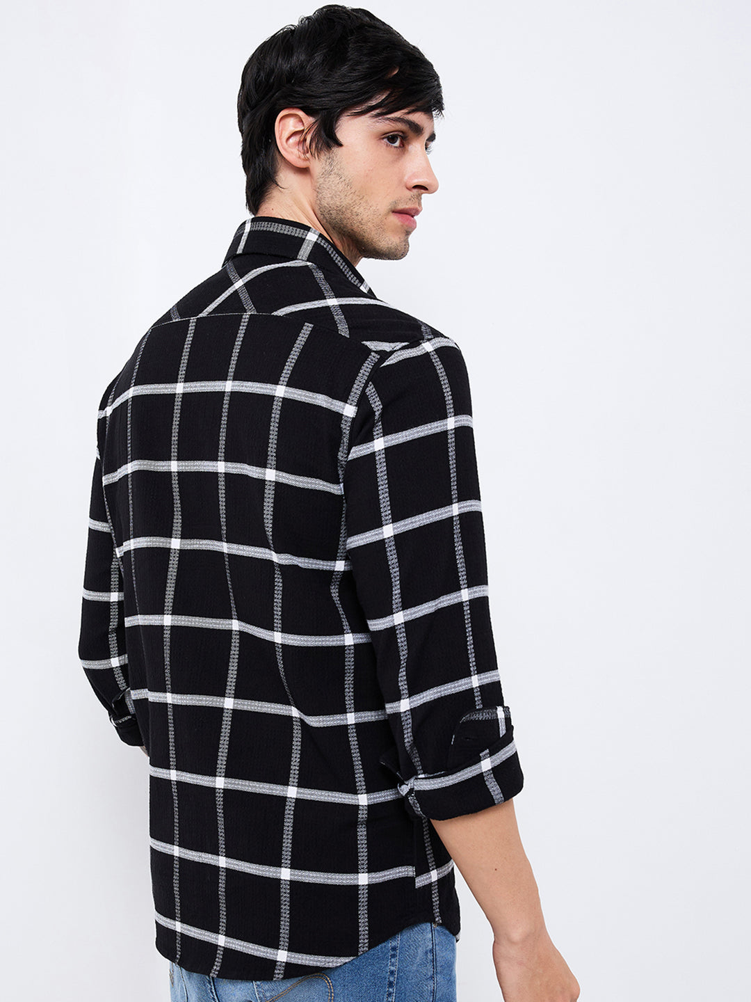 Spykar Black Slim Fit Checkered Full Sleeve Shirt For Men