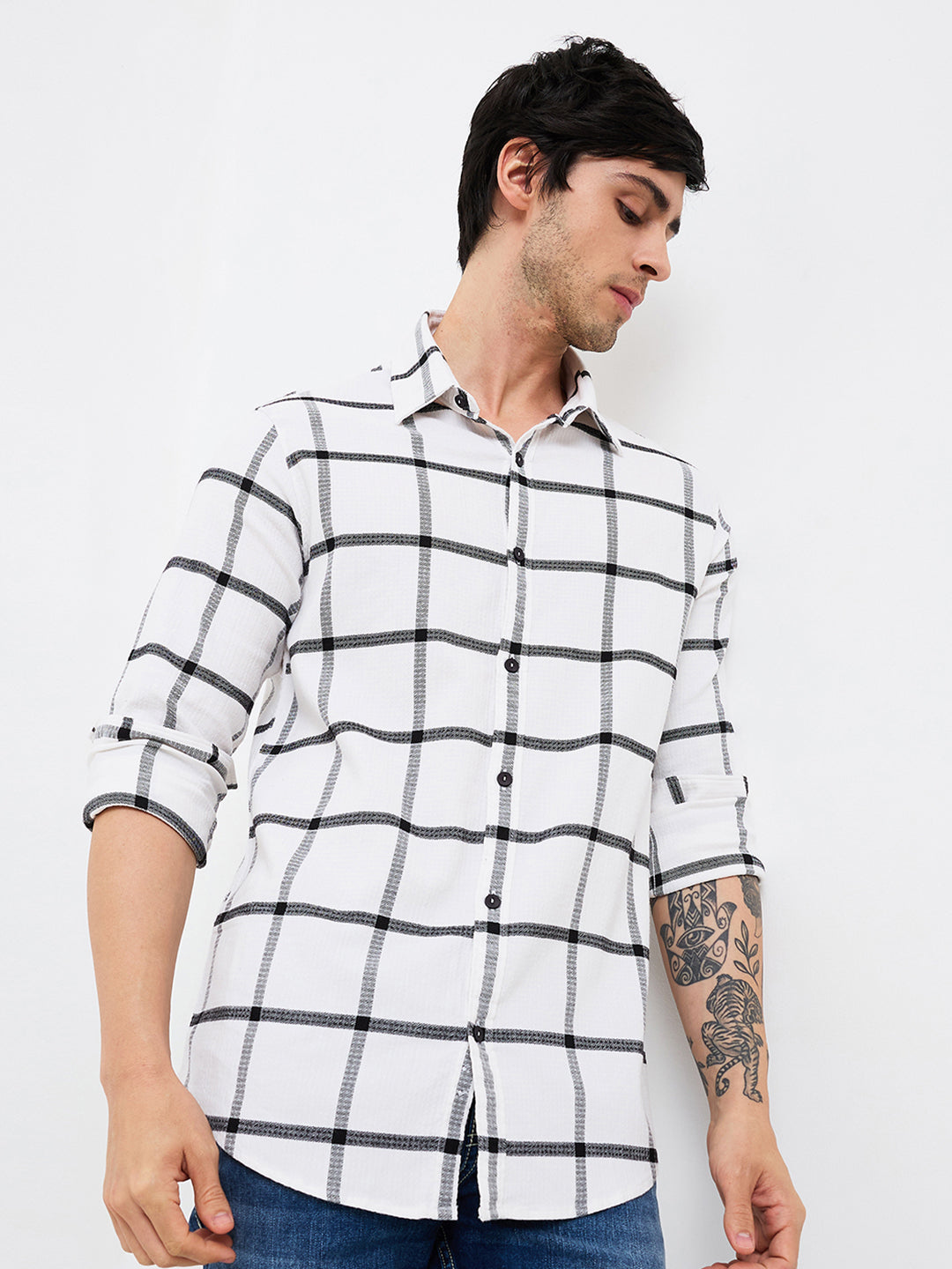 Spykar White Slim Fit Checkered Full Sleeve Shirt For Men