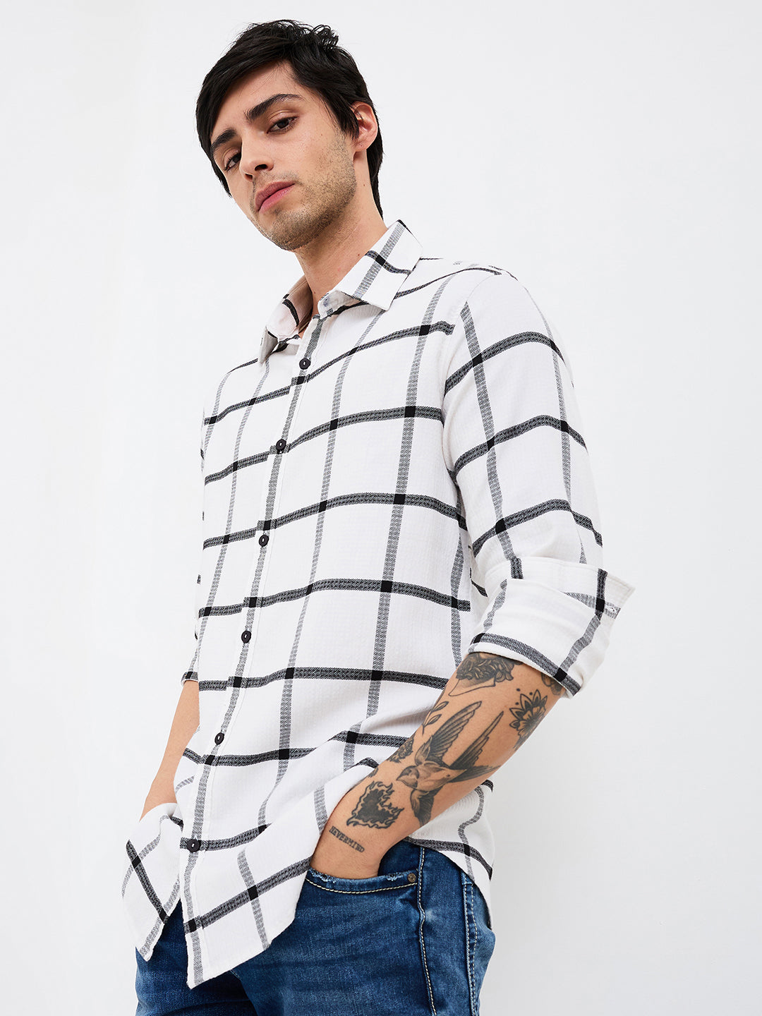 Spykar White Slim Fit Checkered Full Sleeve Shirt For Men