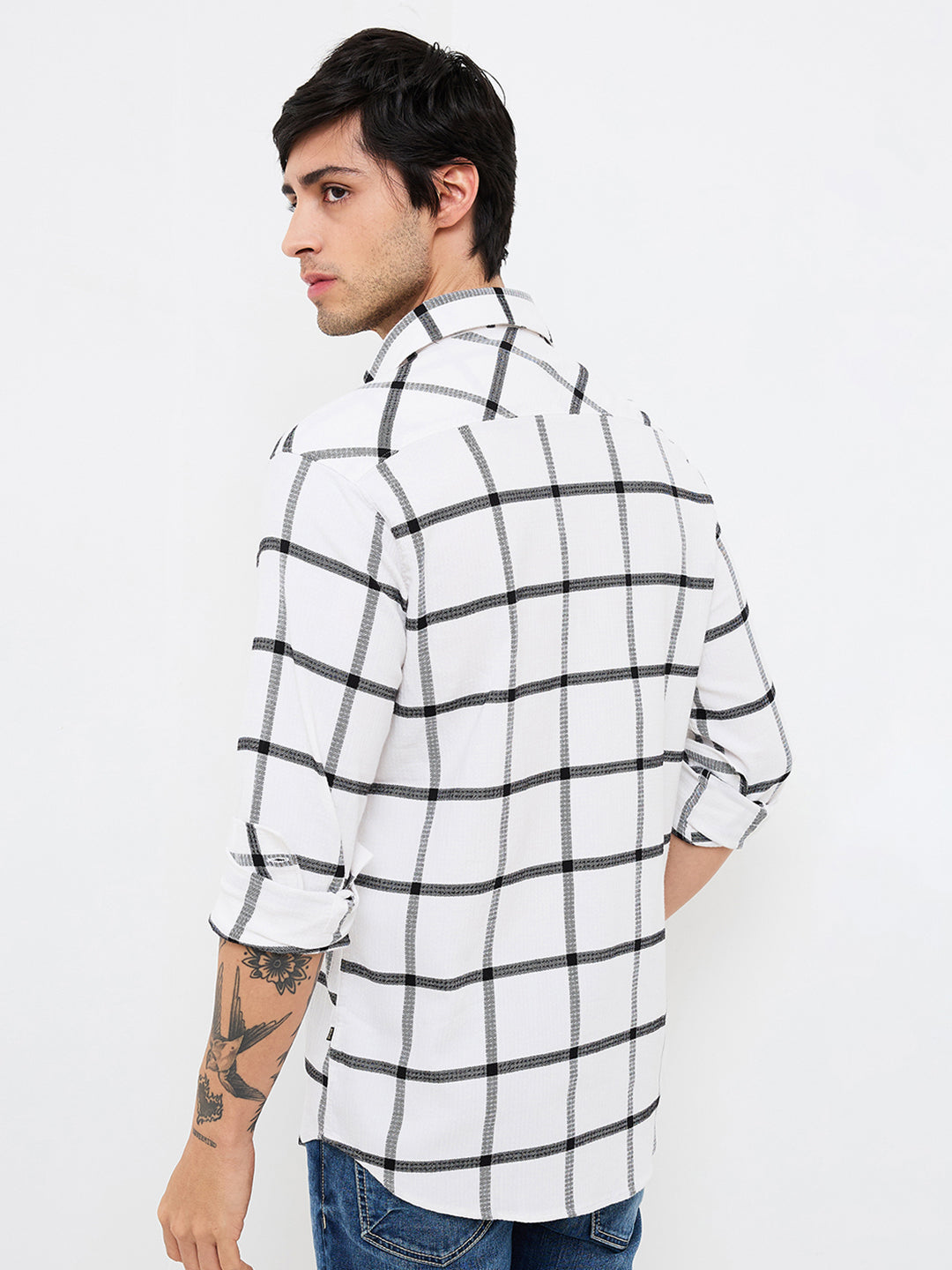 Spykar White Slim Fit Checkered Full Sleeve Shirt For Men