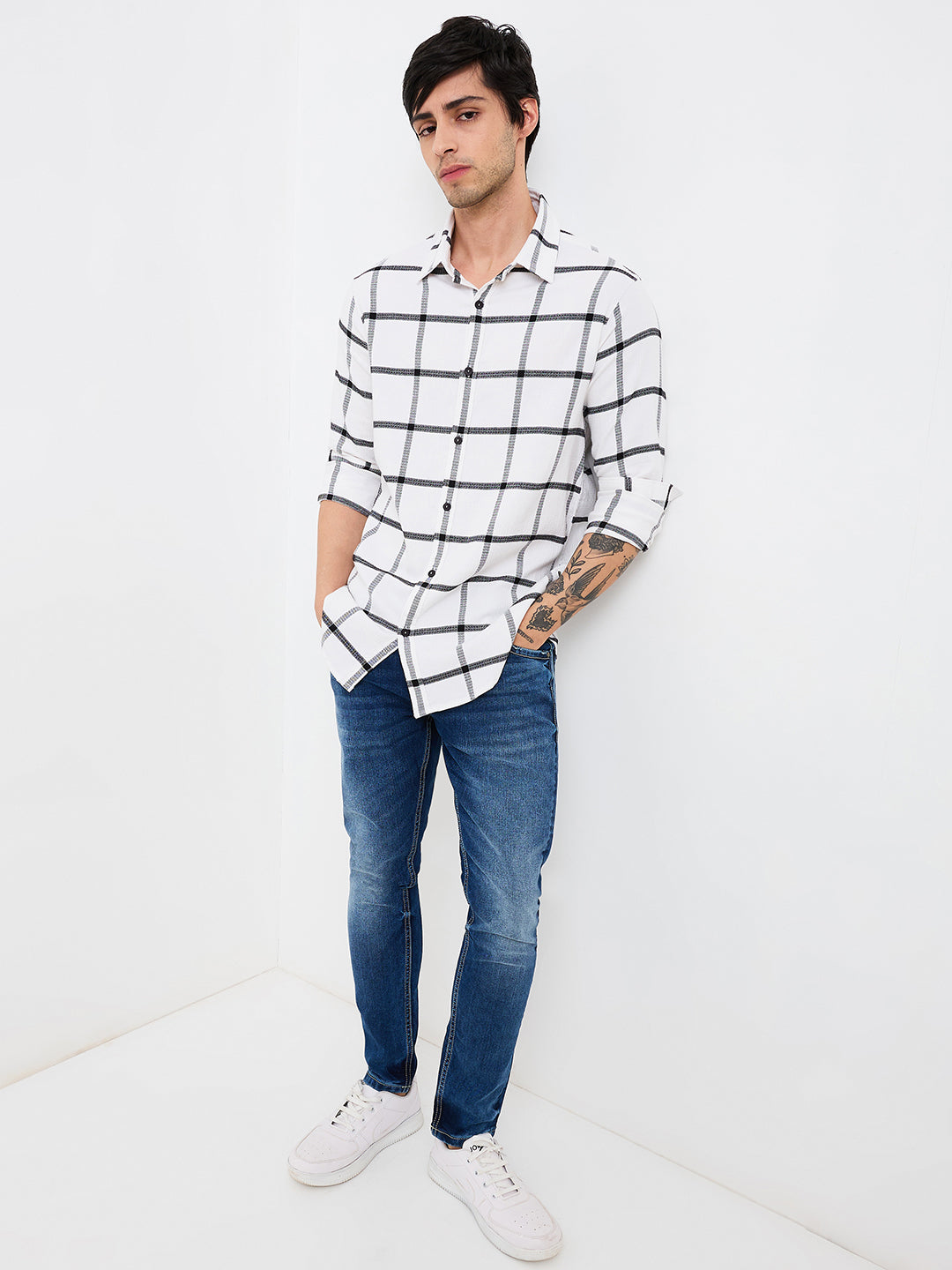 Spykar White Slim Fit Checkered Full Sleeve Shirt For Men