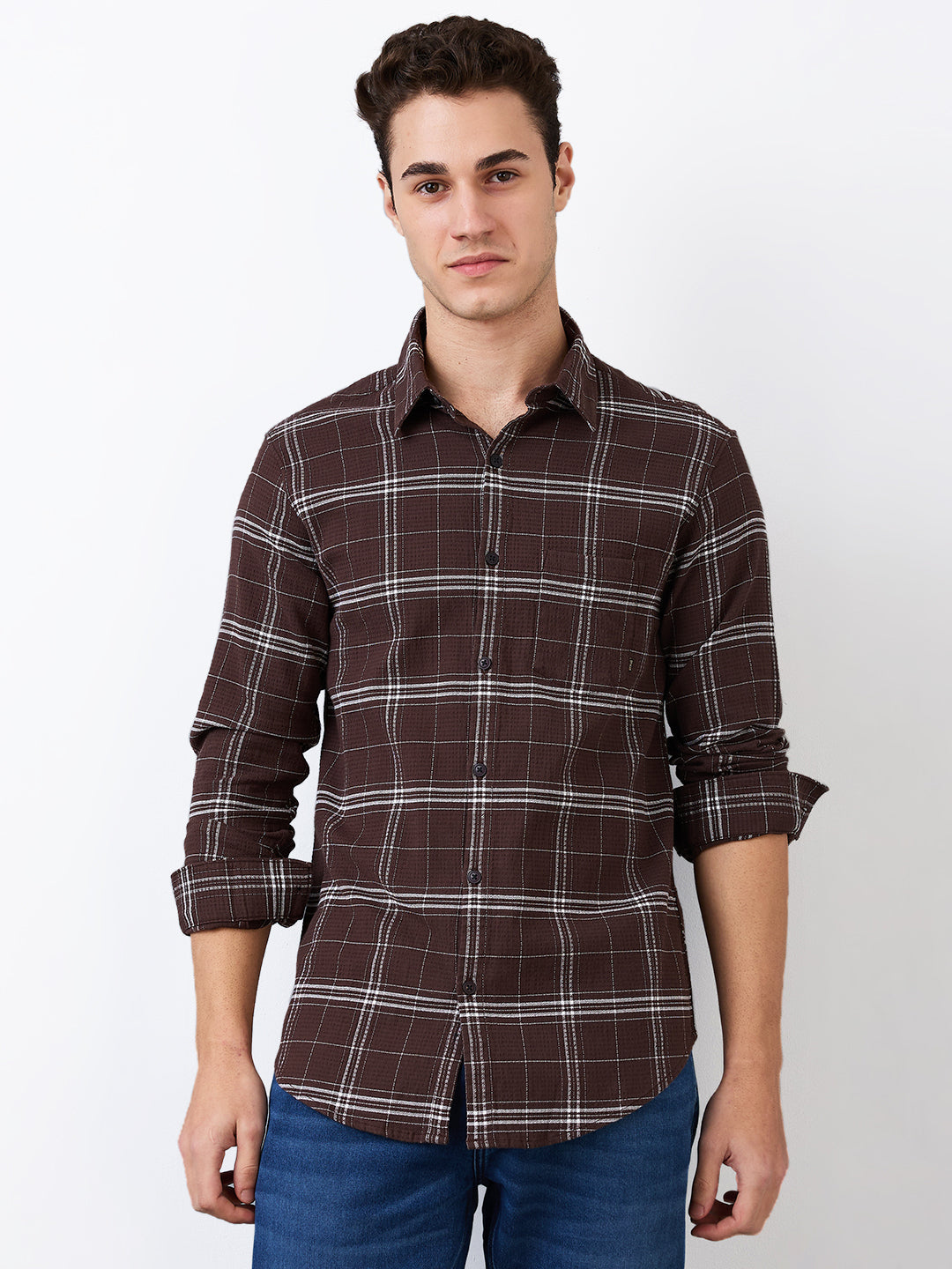 Spykar Brown Slim Fit Checkered Full Sleeve Shirt For Men