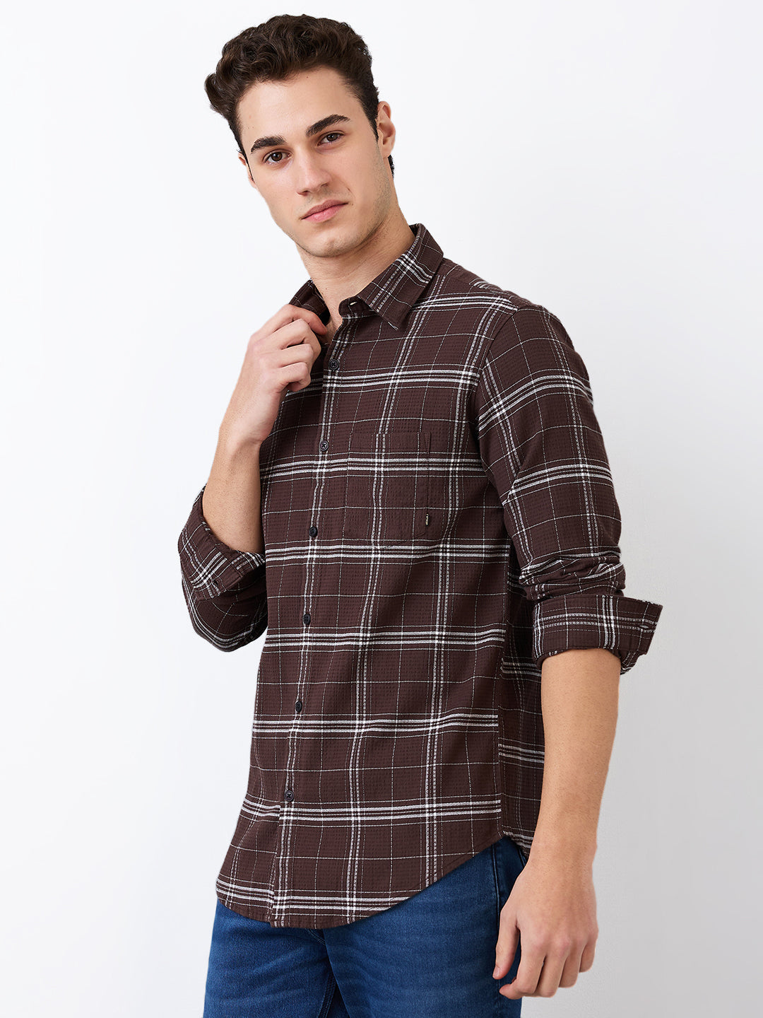 Spykar Brown Slim Fit Checkered Full Sleeve Shirt For Men