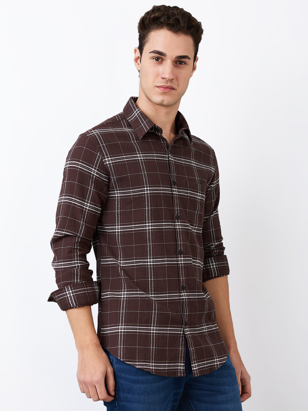 Spykar Brown Slim Fit Checkered Full Sleeve Shirt For Men