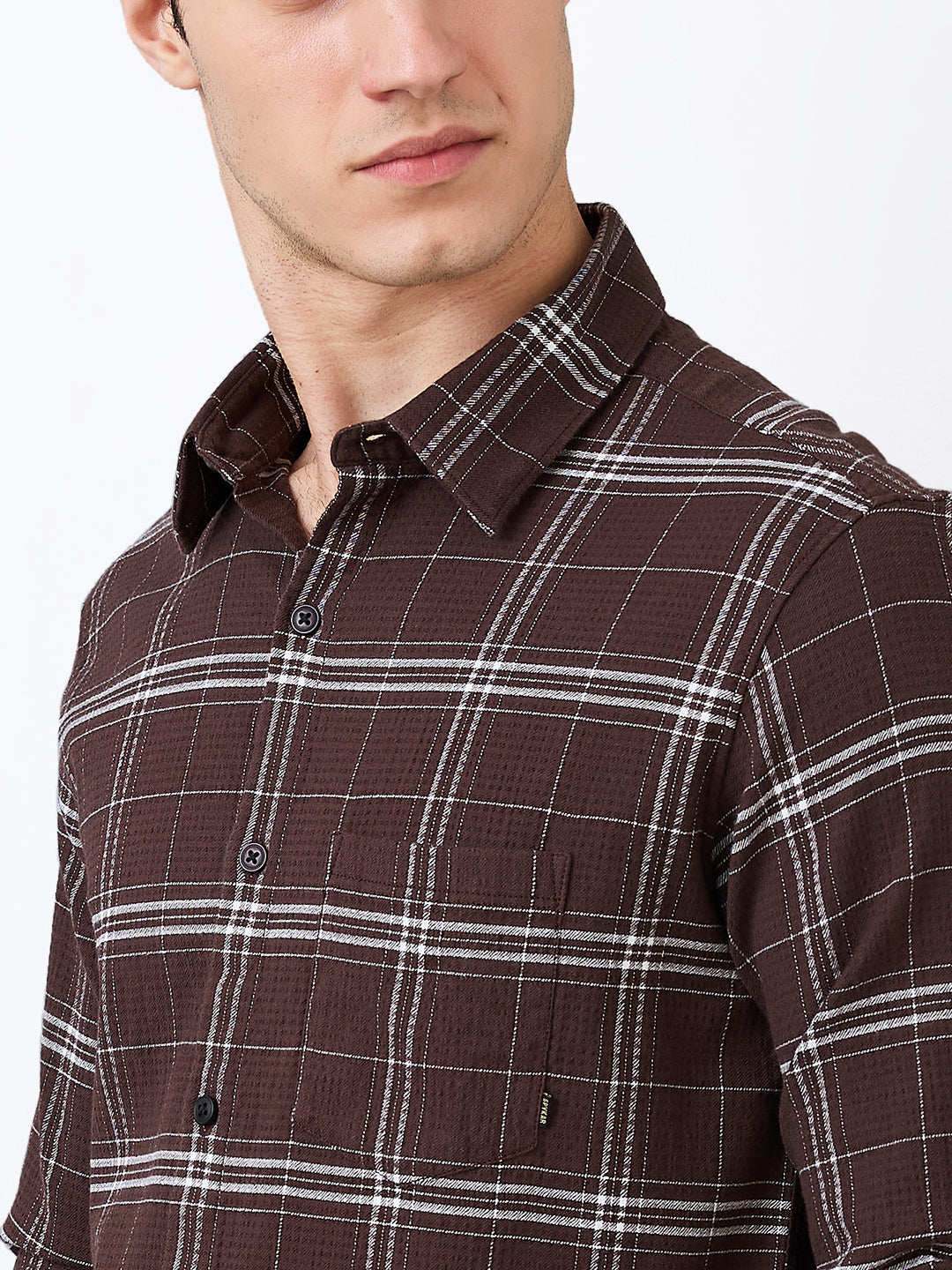 Spykar Brown Slim Fit Checkered Full Sleeve Shirt For Men