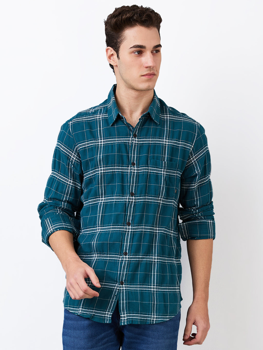 Spykar Green Slim Fit Checkered Full Sleeve Shirt For Men