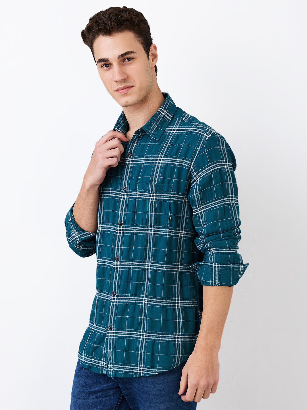 Spykar Green Slim Fit Checkered Full Sleeve Shirt For Men