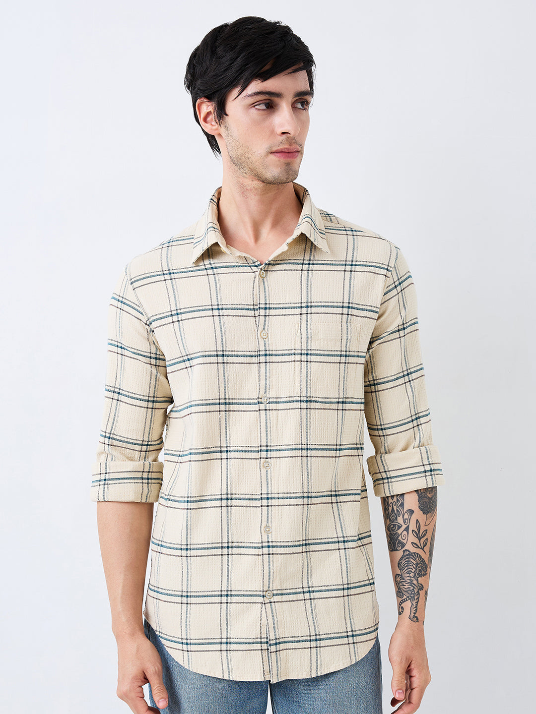 Spykar Beige Slim Fit Checkered Full Sleeve Shirt For Men